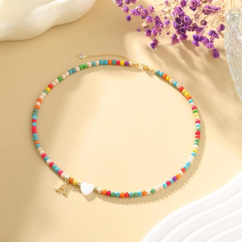 Handcrafted Beach Style Letter Necklace For Women Delicate Turquoise Beaded Chokers Jewelry With Shell Accents