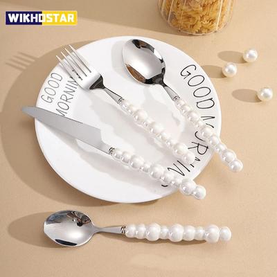 WIKHOSTAR 16pcs Ins Style Pearl Tableware Collection Fashionable Tableware Coffee Spoon Knife Fork Set Exquisite Dinnerware