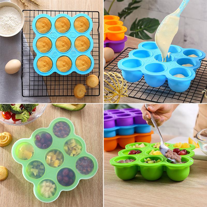 9-Hole Silicone Baby Kids Fruit Food Container with Lid Crisper Freezer Ice Cube Mold Home