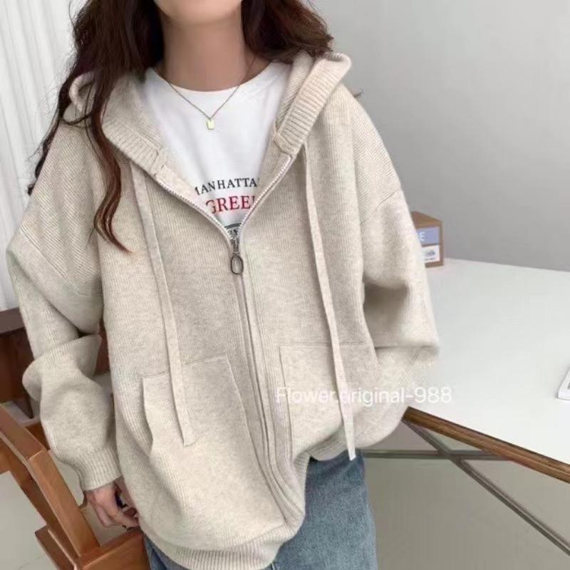 Lazy Wind Double Zipper Hooded Sweater Jacket Women's Autumn and Winter Soft Waxy Casual Loose Knitted Cardigan Top Women