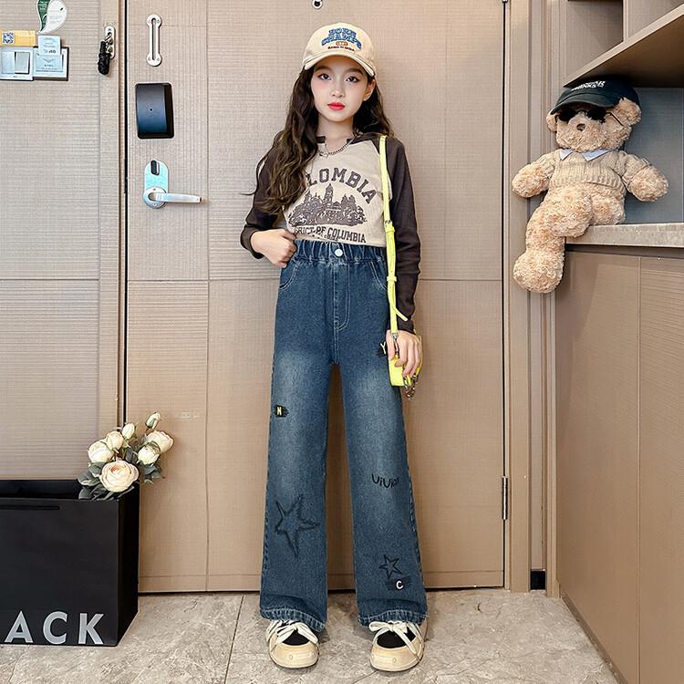 Girls' Jeans Wide Leg Pants Straight Leg Pants Loose Girls' Pants Children's Clothing Embroidered Pentagram Jeans Spring and Autumn Styles