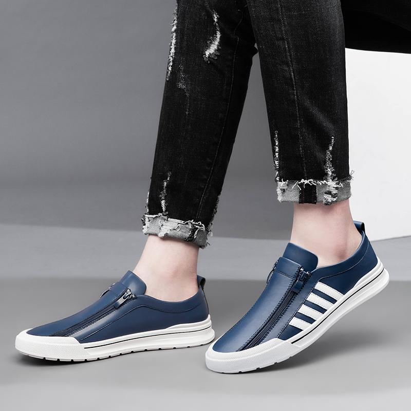 New High End Men Genuine Leather Casual Shoes Fashion Concise Cool Zipper Loafers Man Flat Leather Driving Shoes Male Moccasins