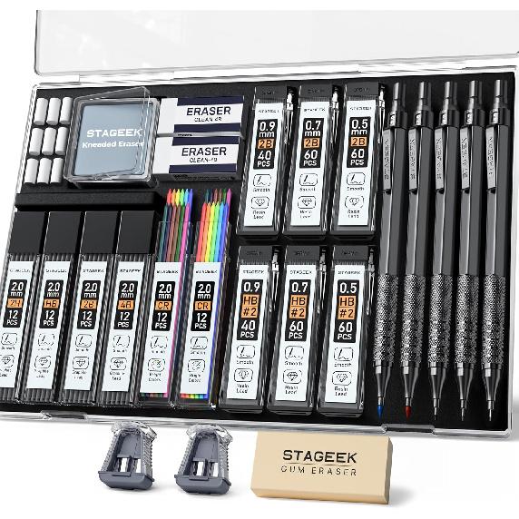 21PCS Metal Mechanical Pencil Set, Art Lead Pencil 0.3, 0.5, 0.7, 0.9, 2mm Holder(HB 2H 2B 4B Color) with 10 Tubes Graphite Lead Refills Eraser with