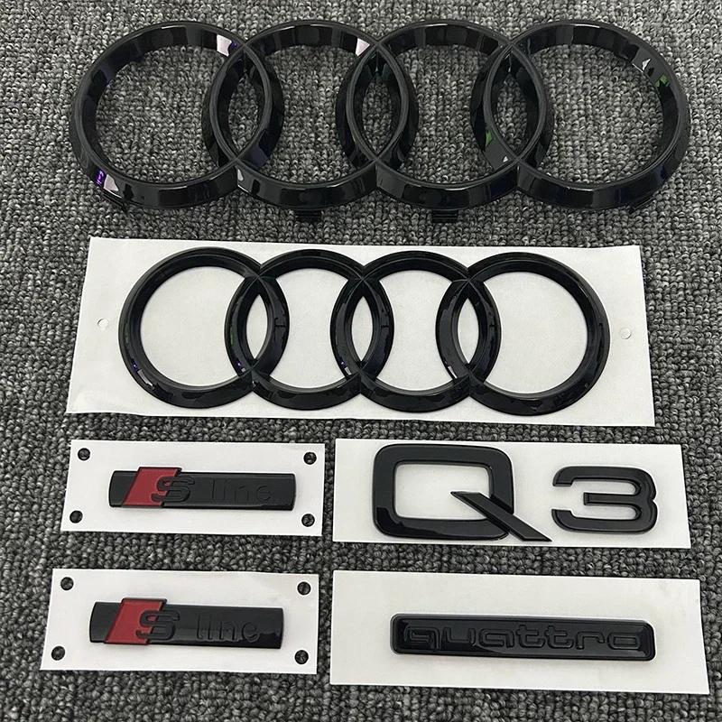 for S Q3 2013-2022 4Ring Logo ABS Black Car Hood Front Grille Emblem Rear Trunk Badge Sticker Sline Quarrto Side Decoration
