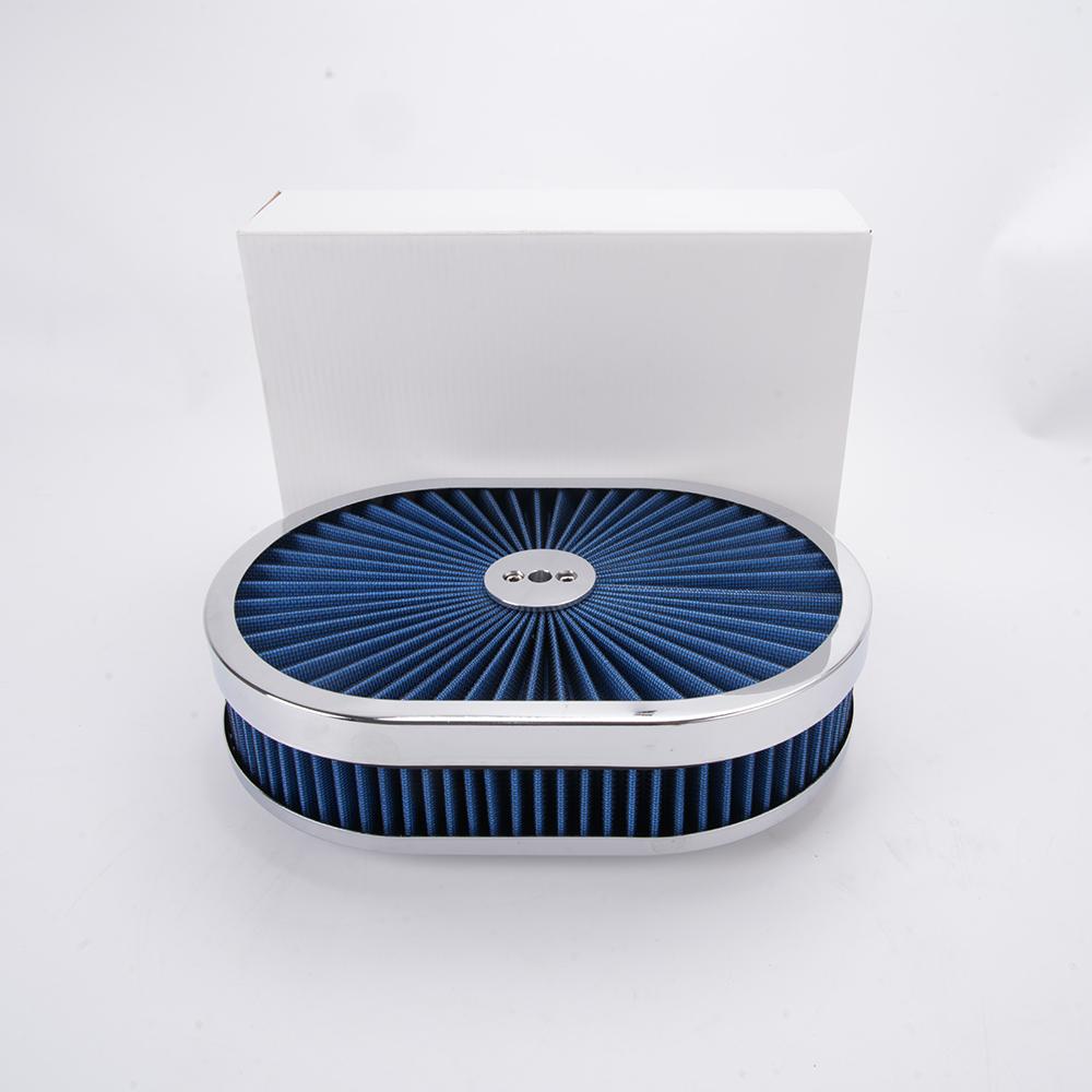 High Flow Chrome 12'x2' Oval Air Cleaner Filter Assembly 5-1/8' Carb Neck W/ Flow-Thru Lid for GMC Chevy Ford Chryler Dodge