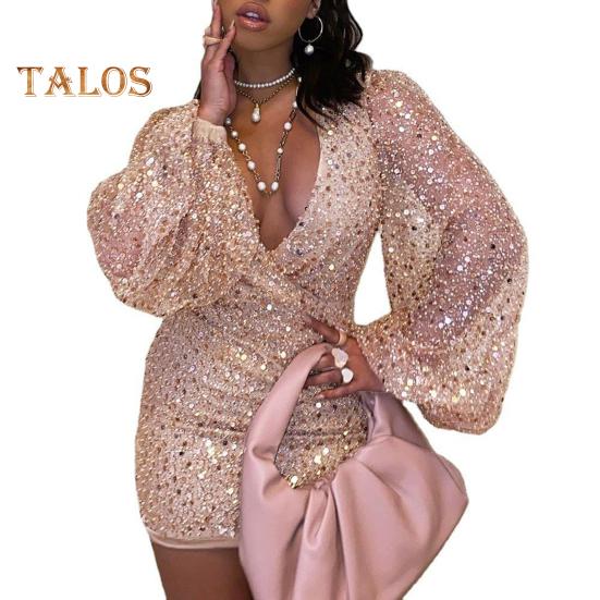 Sexy, figurbetontes Paillettenkleid für Damen, durchsichtiges, langärmliges Minikleid mit tiefem V-Ausschnitt, funkelndes Abend- und Partykleid für Nachtclubs