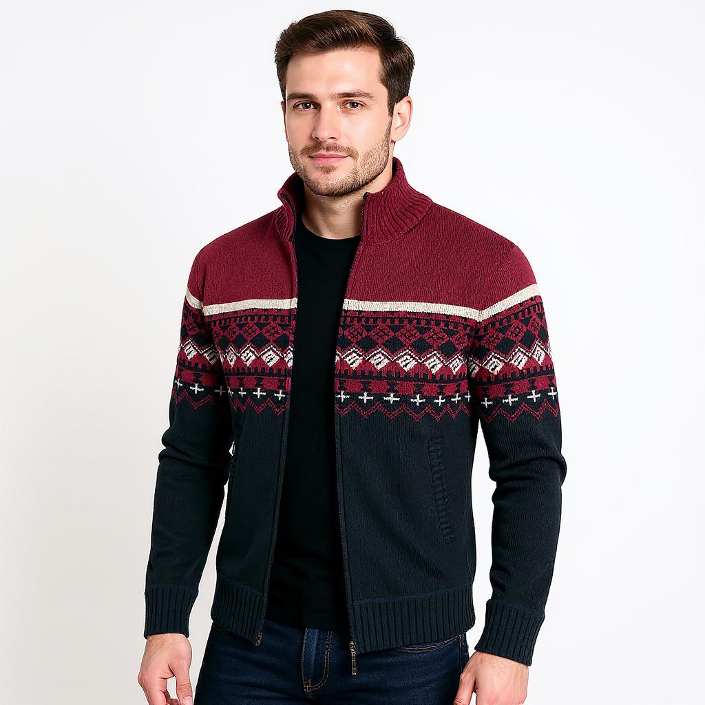 Men's Zippered Casual Knit Sweater With Stand-Up Collar Design