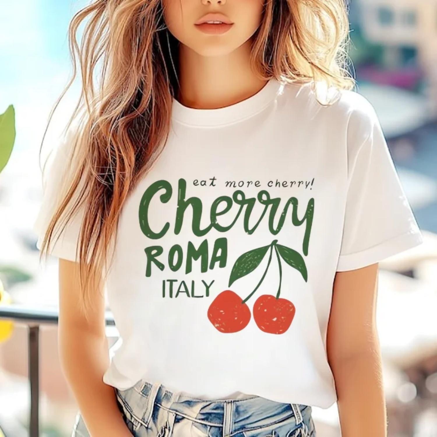 

Cherry Pattern Short Sleeved 2025 Women s O-Neck Kawaii Casual Summer Top Women s Cartoon Cute New Clothing Versatile T-Shirt XXXXXL білий