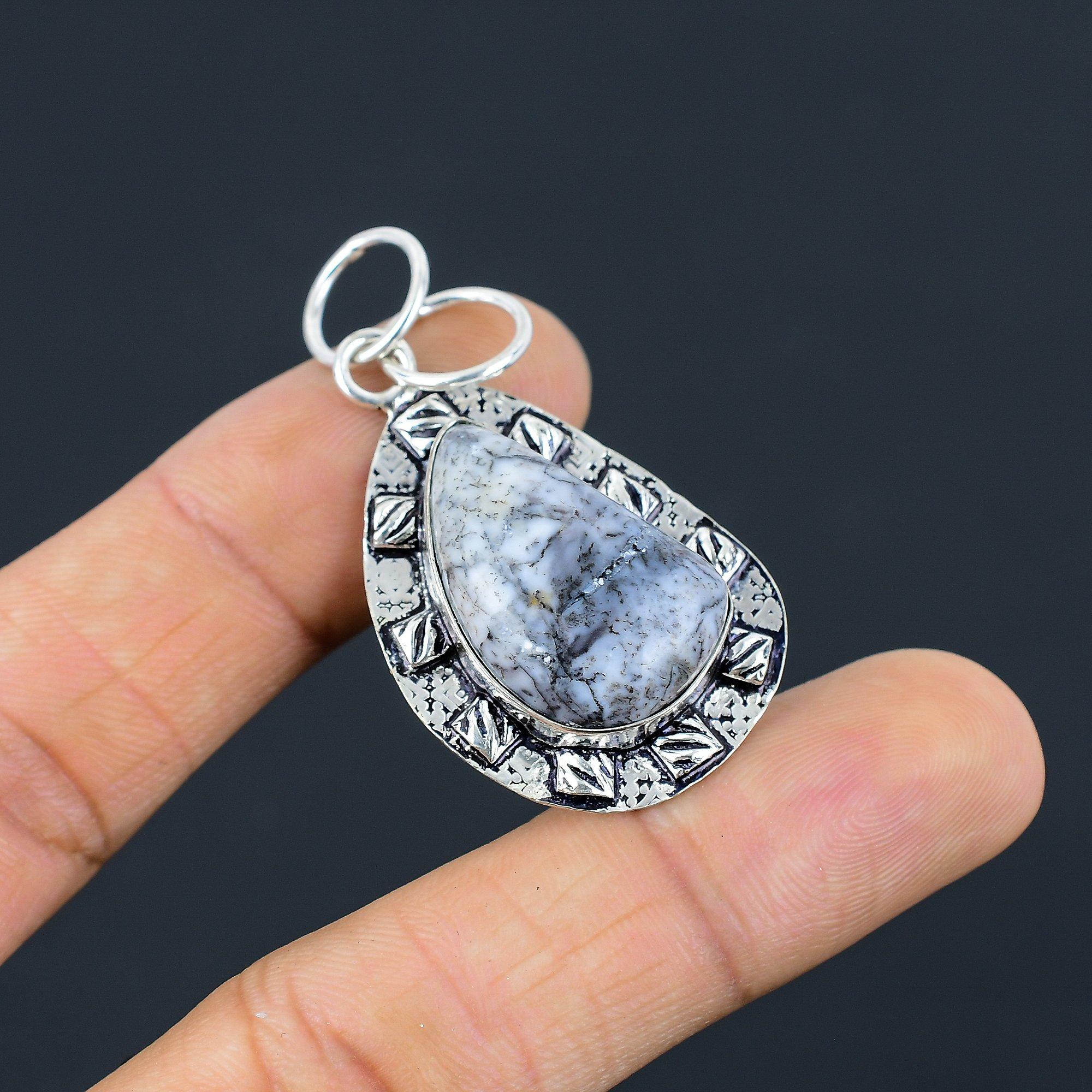 

Daughters Day Sale Pear Dendrite Opal Stone Sterling Silver Wife Bezel Pendant