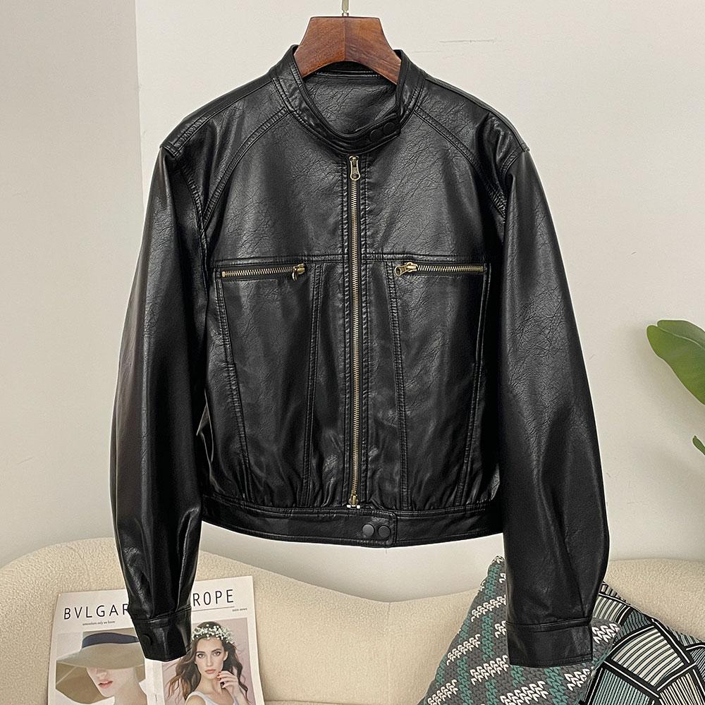 OFTBUY Women Vintage Loose Pu Faux Leather Short Jacket Pockets Motorcycle Jacket Female Zipper Retro Moto Biker Coat Outwear Tops