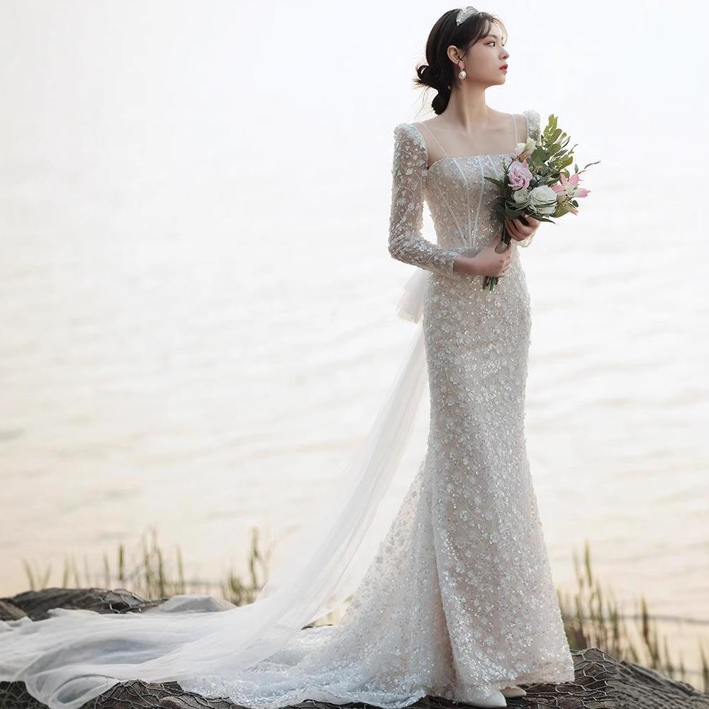 French light wedding dress 1011 new bridal temperament simple dress princess style fishtail travel photo wedding dress