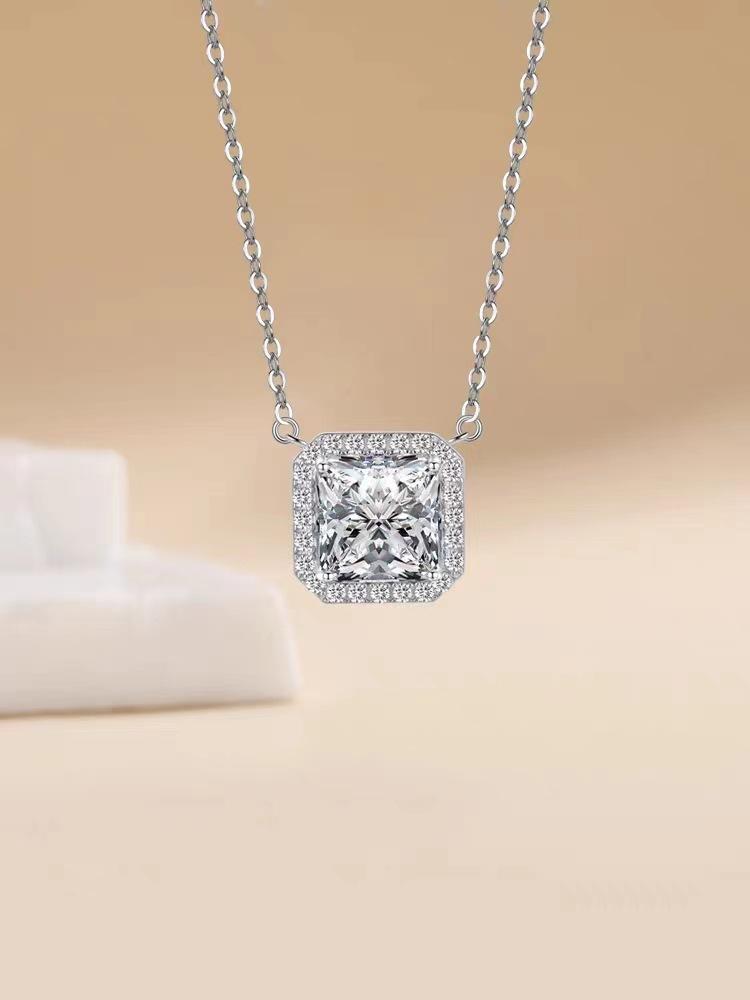 Jewelry Zircon 5 Carat Square Necklace Women's Classic Versatile Square Bag Clavicle Chain Safety Lock Pendant Gold Plated