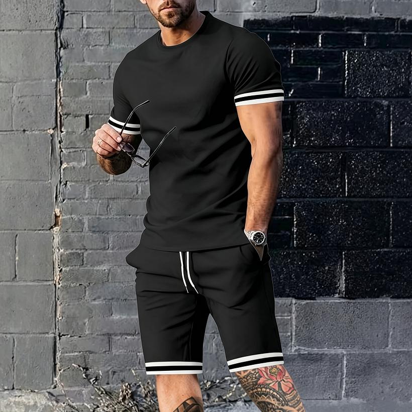 New Summer Men's Minimalist Striped Printed Comfortable and Breathable Round Neck T-shirt Shorts Set for Outdoor Casual Wear