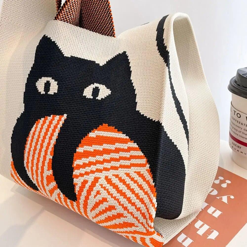 Fashion Handmade Cat Knit Handbag Casual Color Tote Bag Student Reusable Shopping Bags Women Mini Knot Wrist Bag