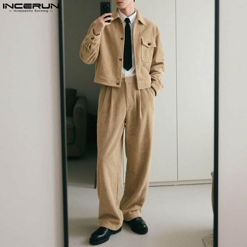 INCERUN 2PCS Autumn Men Lapel Neck Corduroy Long Sleeve Shirt Long Straight Pants Sets Outfits