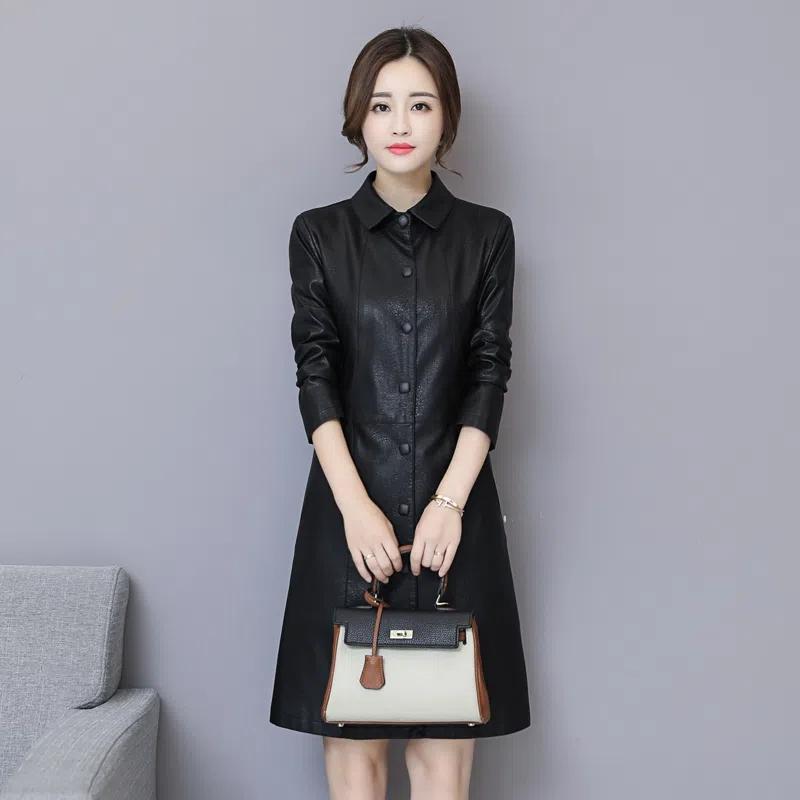 Podzimní a zimní dámský středně dlouhý úzký trenčkot z pravé kůže a zesílený bavlnou