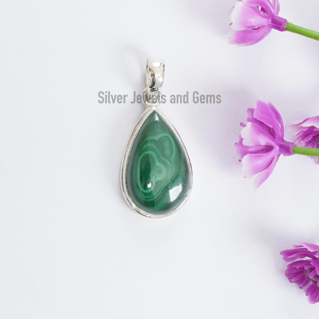 Malachite Pendant, 925 Sterling Silver Pendant, Birthday Gift for Mom, Green Teardrop Handmade Pendant, Healing Pendant