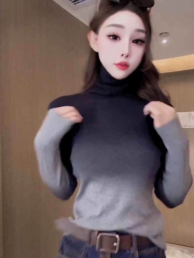 Autumn-Winter Gradient Slimming Long Sleeve Chic Base Layer Top Large