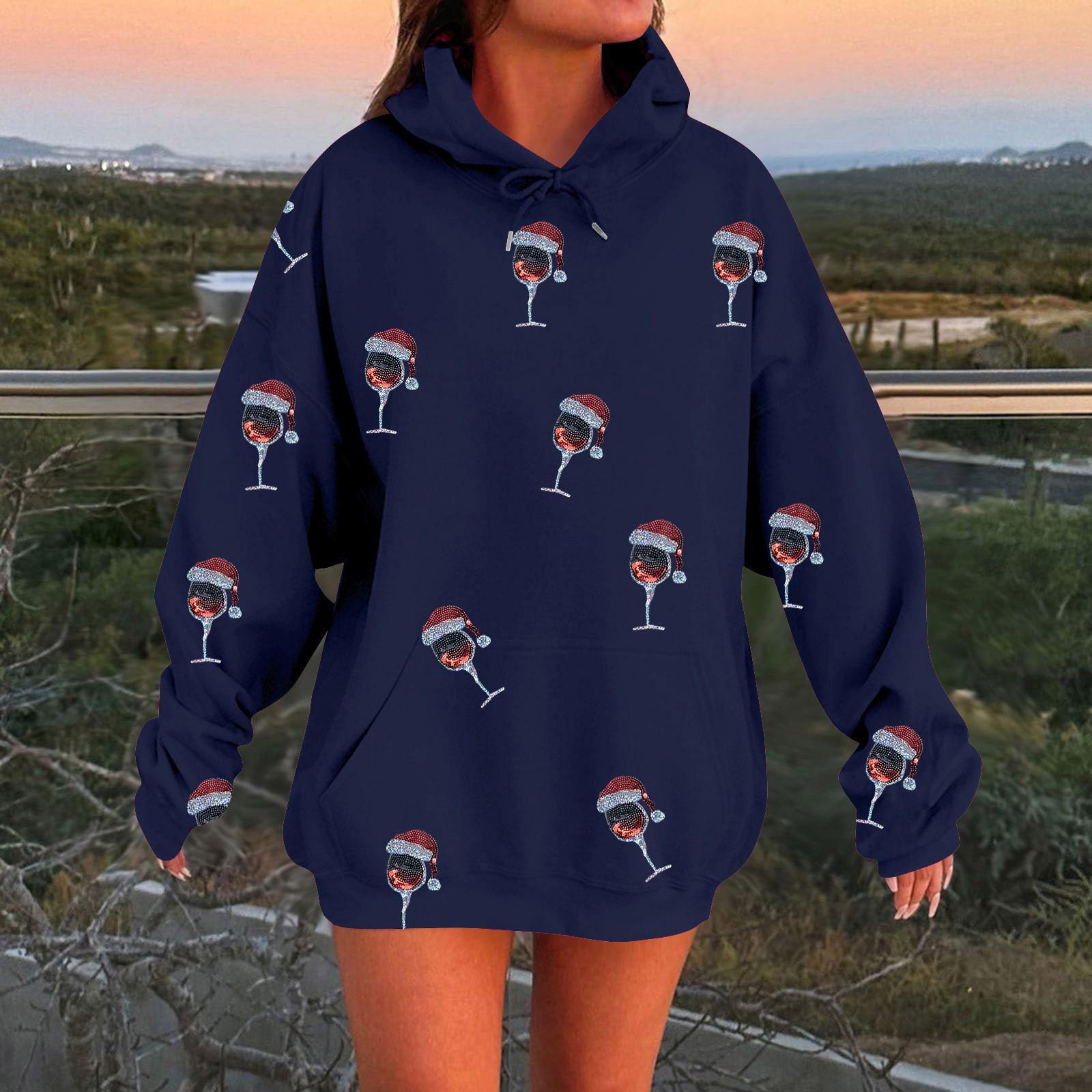 

Женская мода с длинными рукавами и рождественским принтом, повседневный свободный пуловер с капюшоном XXL тёмно-синий