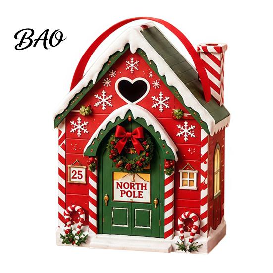 Holiday Treat Containers Christmas Wonderland Cottage Gift Box, House Shaped Paper Boxes, Exchange Packaging Snack Holder with Handle for Cookies