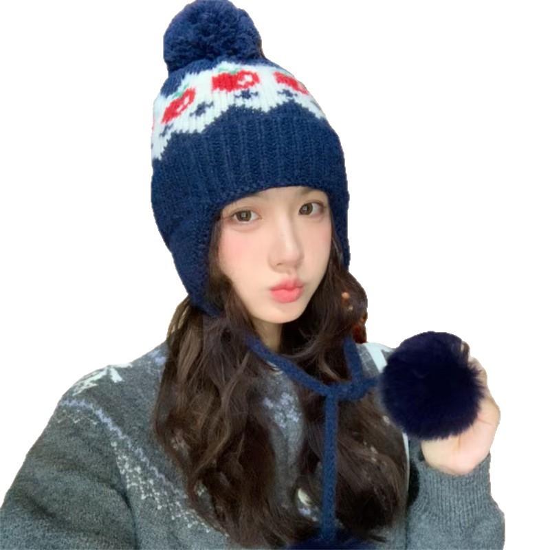 Autumn and Winter Warm Ear Protection Wool Hat New Red Fair Island Plaid Cute Hairball Knitted Hat Children