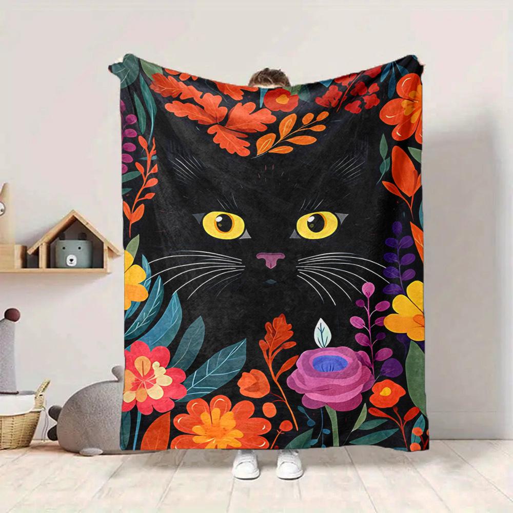 1pc Cat Flowers Lightweight Flannel Blanket, Comfortable and Warm Blanket, for Office and Camping Sofa Bed, Livingroom144