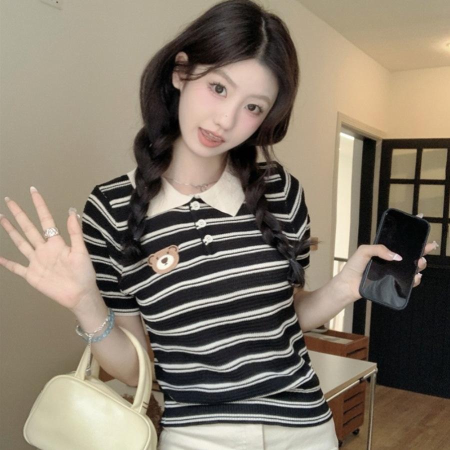 Design sense contrasting colors striped slim and thin short-sleeved Polo collar T-shirt summer versatile fashion niche top