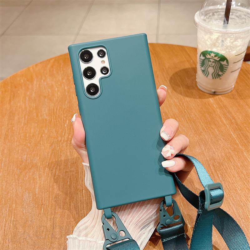 

Solid Color Soft Silicone Phone Case For Samsung Galaxy S25 S24 S23 S22 S21 Ultra S20 FE Note 20 10 Pro 9 Lanyard Strap Cover For S22&Case & Strap