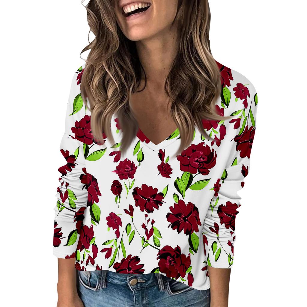Ladies' Fashionable Casual Long Sleeved Retro Floral Print V-Neck Top Women'S T-Shirts Women Clothes Playeras De Mujeres