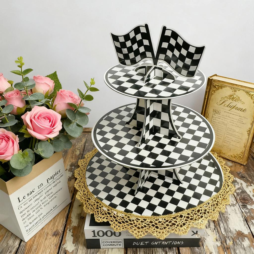 Black And White Plaid Racing Theme Three-Layer Paper Cake Stand Cake Dessert Ornament Table Pie