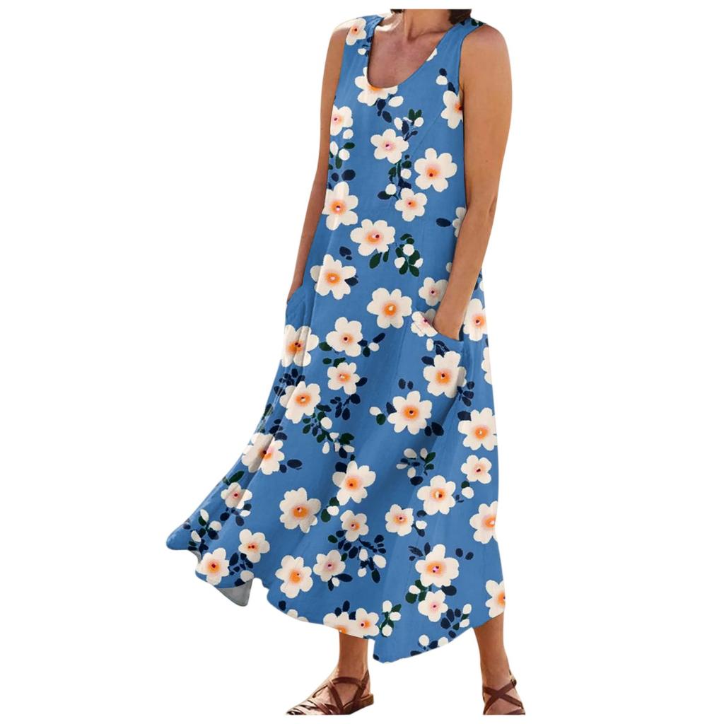 Women's Fashion Summer Casual Sleeveless Floral Printed Small Pocket Dresses