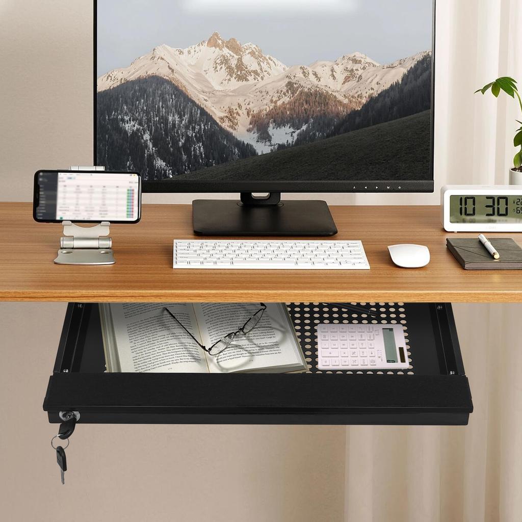 Under Desk Storage Drawer, Black Iron Pull-Out Organizer Tray with Lock & Key, - 4.4 lbs Capacity, Space Saving, Easy Install