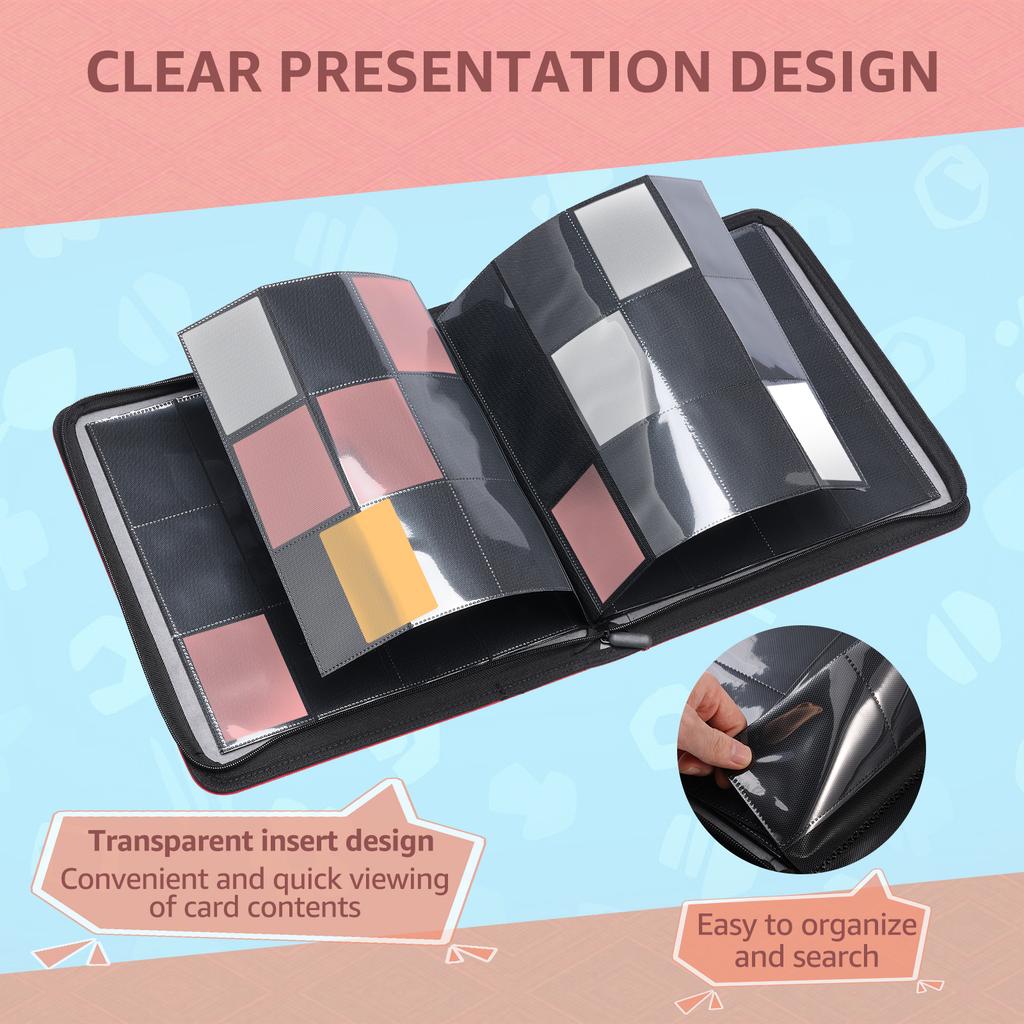 PU Leather Cover Trading Card Album Large Capacity Zipper Closure Card Collection Album With Transparent Inner Page for Storage