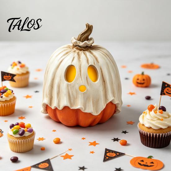 Decorazione Ornamentale di Halloween in Resina con Luce Fantasma Zucca, Lampada Staccabile Vintage con Oggetti di Casa Infestata Candela LED per Tavolo da Cucina