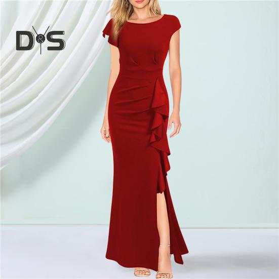 Women Summer O Neck Short Sleeve Gown Dress High Waist Side Ruffle Decor Split Hem Slim Fit Hip Wrapped Evening Party Dress