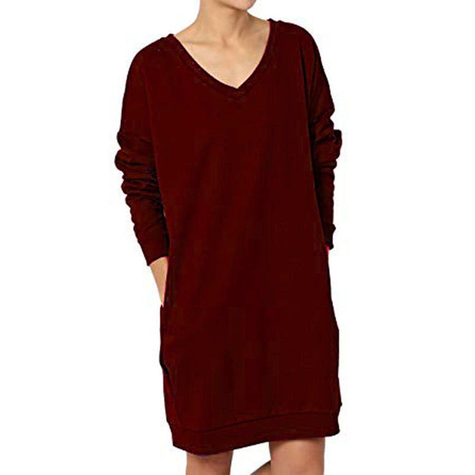 

Women s Solid Color V-neck Top Long Sleeved Loose Top XL винный