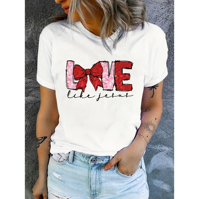 Europäische Größe Damen Romantisches 'Love' Schleife & Buchstaben Print Halbtransparentes T-Shirt - Rosa Rundhals Kurzarmbluse mit XOXO & I LOVE YOU KNOT Design