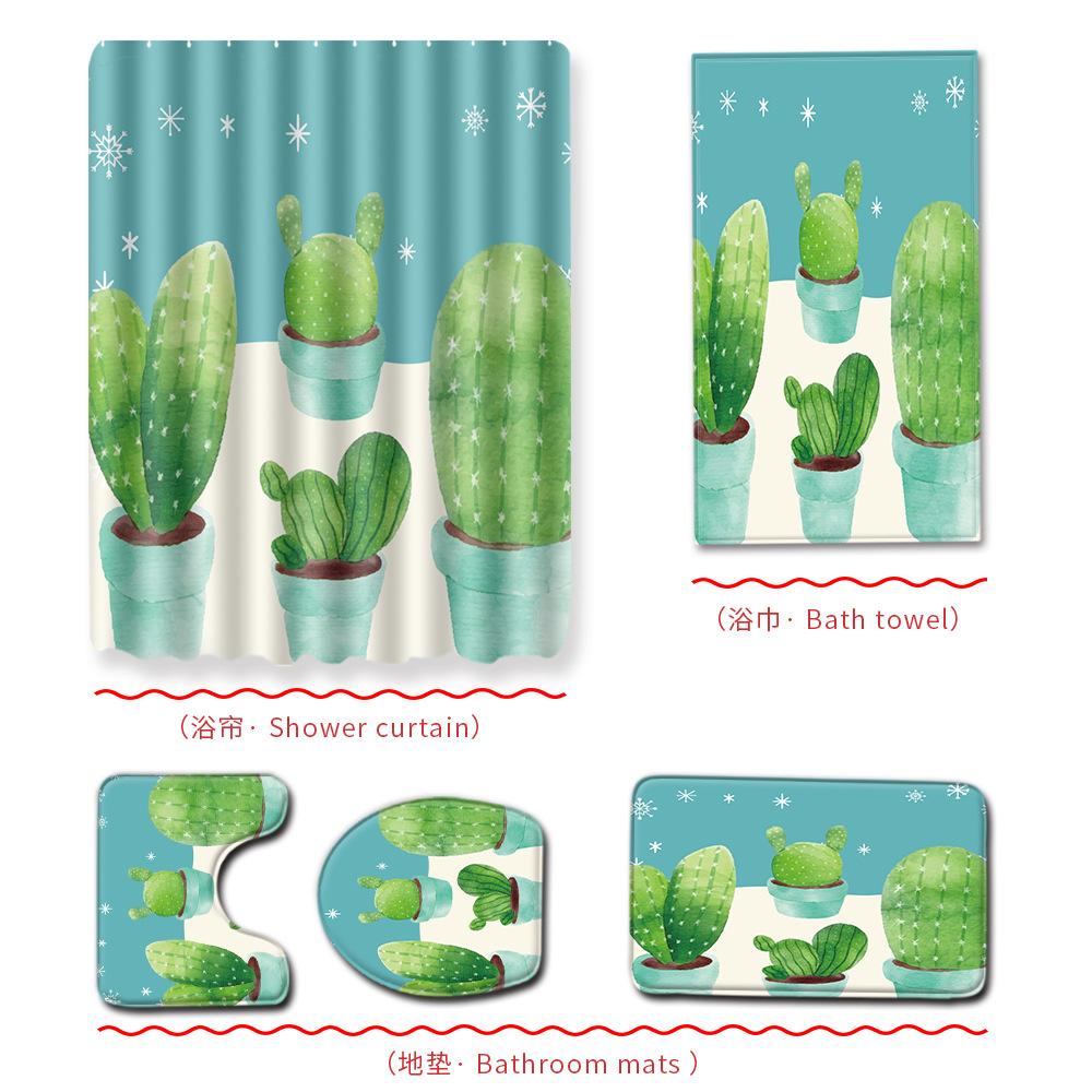 Cactus Bathroom Shower Curtain Bath Towel Floor Mat Five-Piece Set Bathroom Toilet Carpet Shower Foot Mat