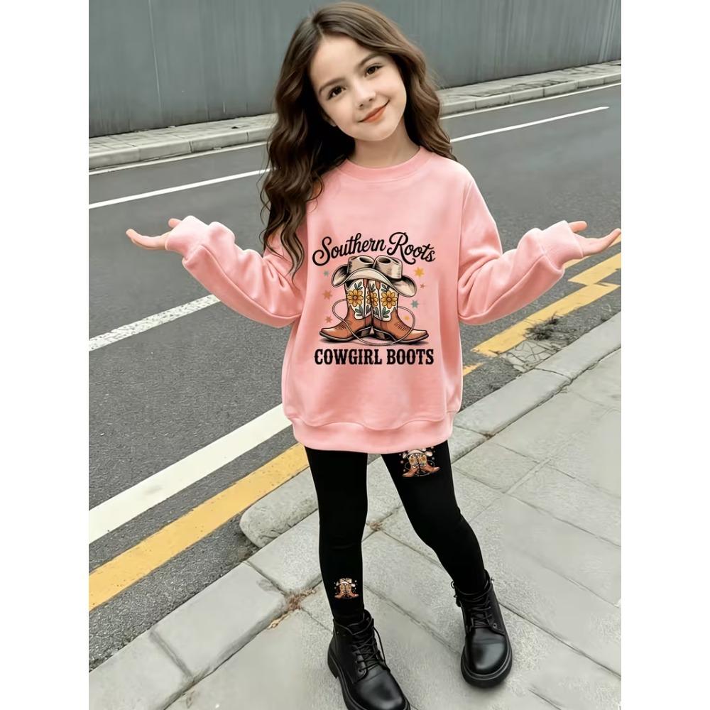 Girls' Cowboy Boots Casual Comfortable Soft Loose Pullover Sweatshirt and Leggings 2-Piece Set, New Autumn/Winter, Playful, Sweet and Cool Style