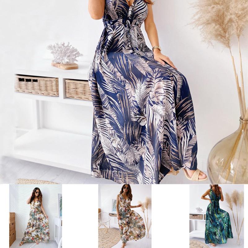 Boho Dress Sexy Deep V Neck Dress Printed Backless Maxi Dress Summer Beach Sleeveless Lace Up Dress