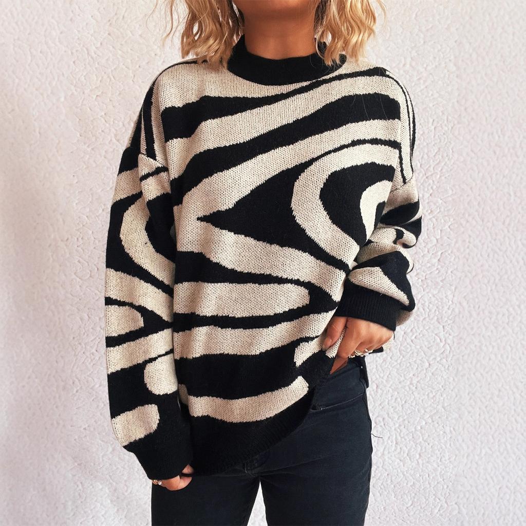 Damen Pullover 2025 Neue Farbe Color Block Zebra Muster Damen Pullover Rundhals Modisch Chic Gestrickter Pullover Lässiger Pullover CR4368