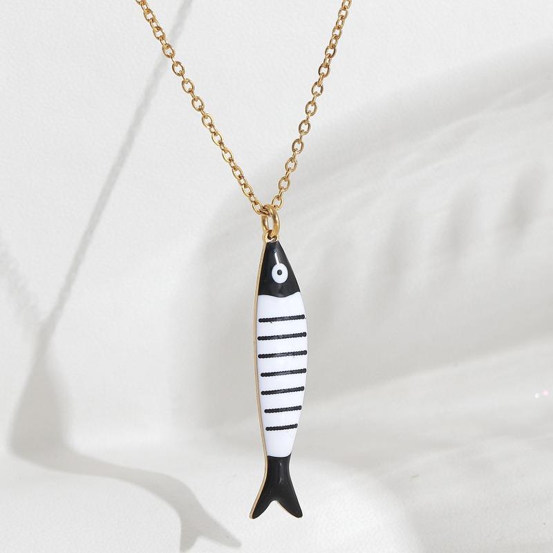 Süße Bunte Emaille Fisch Anhänger Halskette für Damen Edelstahl Streifen Fisch Charms Sommer Strandparty Urlaub Schmuck Geschenk