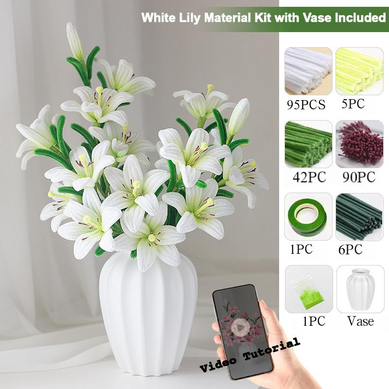 

Chenille Stem Lily Flower Kit, DIY Pipe Cleaner Bouquet Craft, Creative Gift with Vase for Women Wife белый