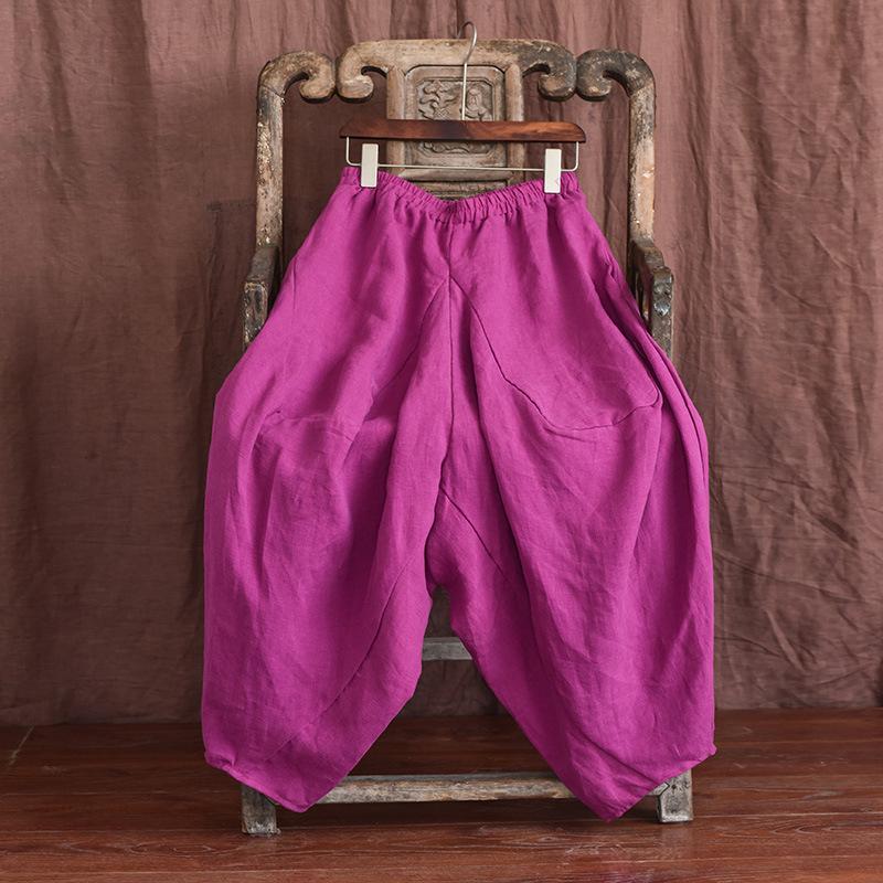 Johnature Women Casual Linen Wide Leg Pants Elastic Waist Solid Color Elastic Waist Trouser Autumn Loose Vintage Pants