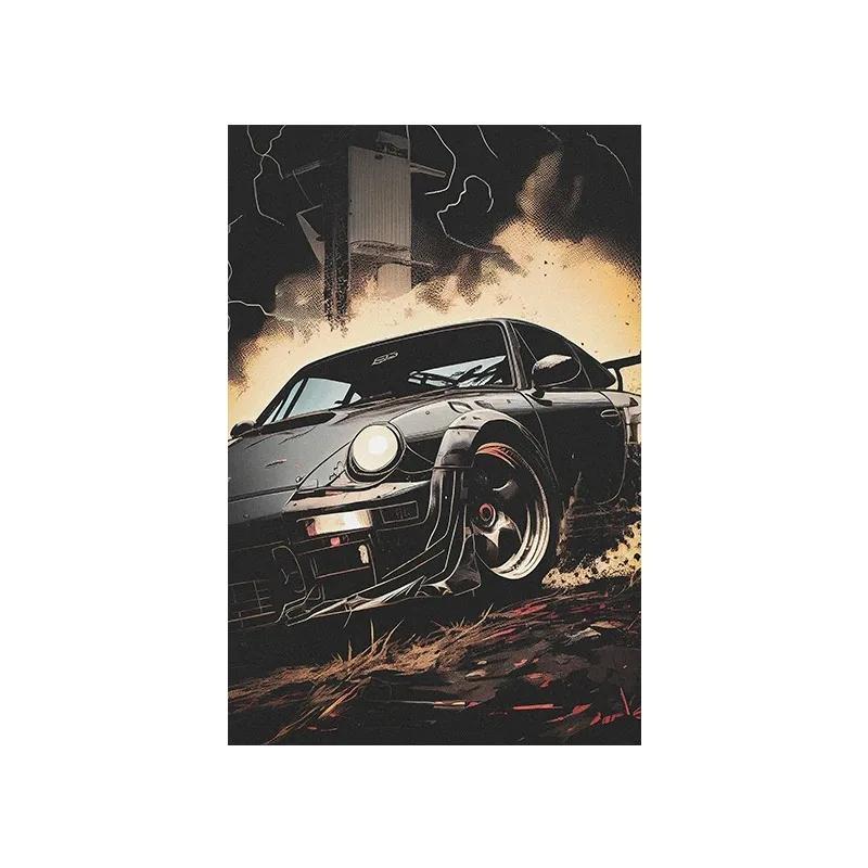 Vintage Racing Comic Illustration Luxury Sports Car Travel Poster Supercar Wall Art Canvas Painting Mural Gaming Room Home Decor