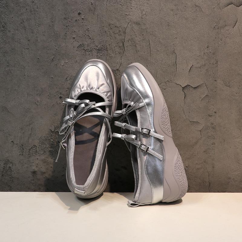 Sheepskin Dong Jie's same 6cm inner height increase women's shoes ballet soft-soled sneakers bow Mary Jane shoes single shoes