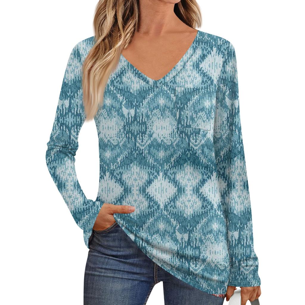 Women's Fashion Long Sleeve V-Neck Pullover Printed T-Shirt Top With Pocket