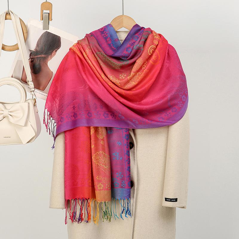 Women Winter Elegant Jacquard Pashmina Imitation Cashmere Scarf Lady Rainbow Color Shawl Thick Warm Wrap Coldproof Blanket Scarf