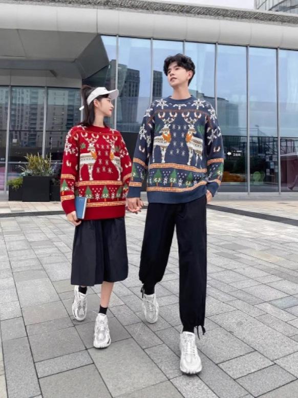 Cozy Couple New Year Sweater for Men and Women - Trendy Loose Knitwear Top for Autumn and Winter.