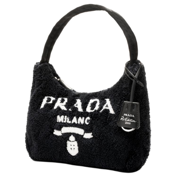 Prada Re-Edition Logo Zip Closure Terry Fabric Underarm Mini Tote Bag Women bags Black 1NE515_2DXO_F0967